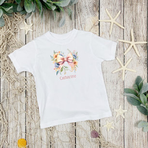 Camiseta Para Bebê Laço Rosa Monograma Coquette Flores Aquarela