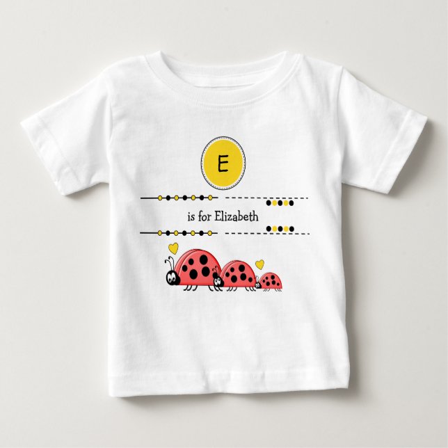 Camiseta Para Bebê Ladybugs adiciona nome preto e amarelo (Frente)