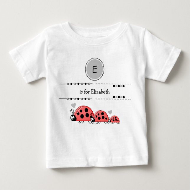 Camiseta Para Bebê Ladybugs adiciona nome preto e cinza (Frente)