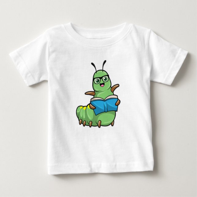 Camiseta Para Bebê Lagarta como Nerd de Livros e Óculos (Frente)