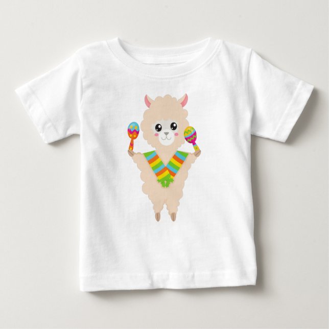 Camiseta Para Bebê Lama mexicano, Cute Llama, Alpaca, Scarf, Maracas (Frente)