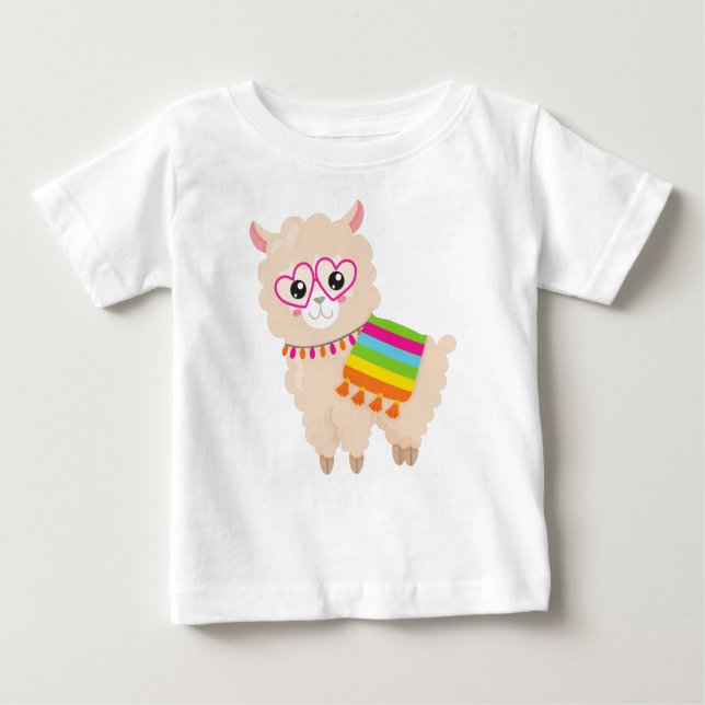 Camiseta Para Bebê Lama mexicano, Cute Llama, Cute Alpaca, Óculos (Frente)