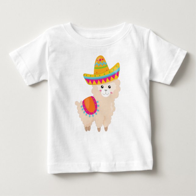 Camiseta Para Bebê Lama mexicano, Cute Llama, Cute Alpaca, Sombrero (Frente)