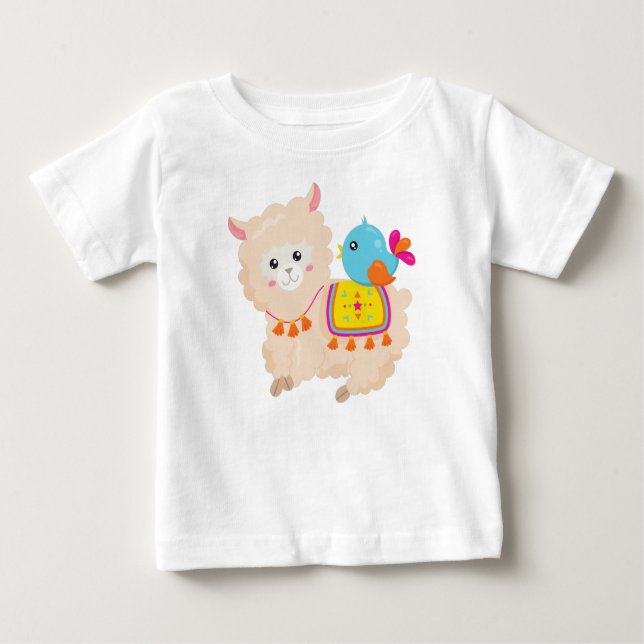 Camiseta Para Bebê Lama Mexicano, Lama Cute, Alpaca Cuta, Pássaro Azu (Frente)
