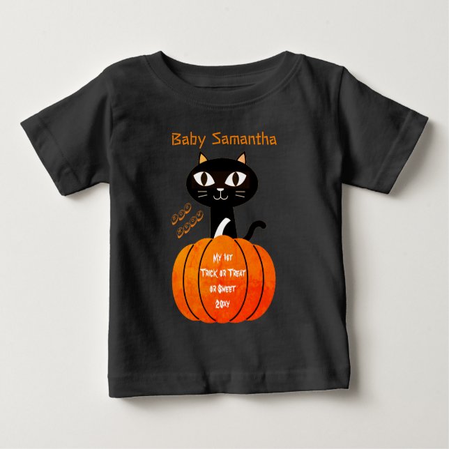 Camiseta Para Bebê Laranja e Gato Preto Pumpkin Meu Halloween de 1rua (Frente)