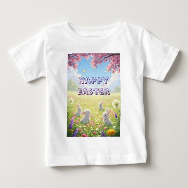 Camiseta Para Bebê Lavender Easter Cute White Bunny Floral Spring  (Frente)