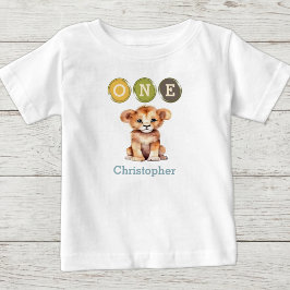 Camiseta Para Bebê Leão 1º Aniversário um com nome azul