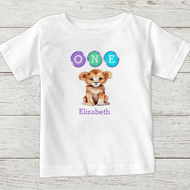 Camiseta Para Bebê Leão 1º Aniversário um com nome roxo