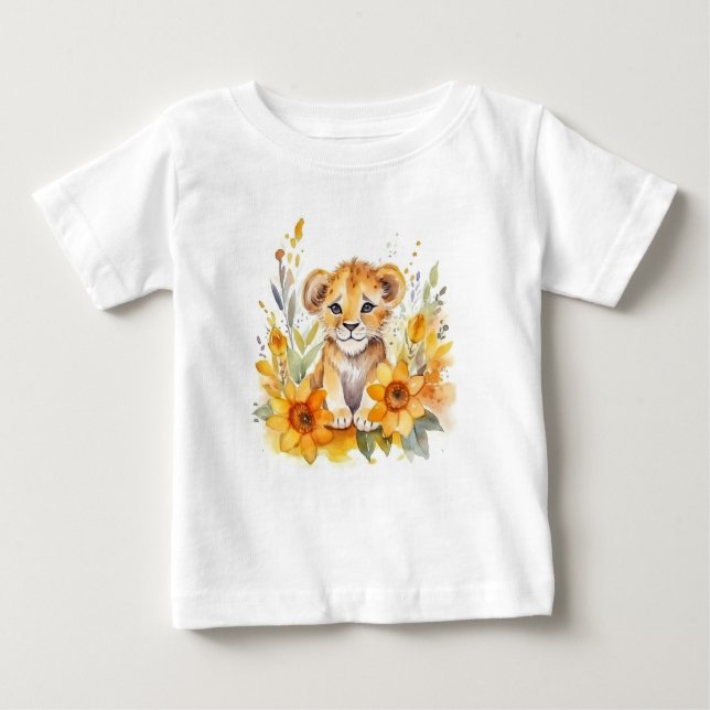 Camiseta Para Bebê Leão Bebê de Aquarela (Frente)