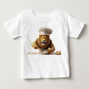 Camiseta Para Bebê Leão Chef Humorístico Assando com Colher e Farinha