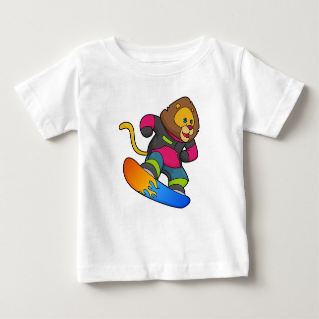 Camiseta Para Bebê Leão como Snowboarder com Snowboard (Frente)