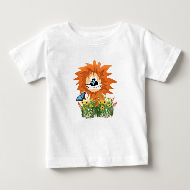 Camiseta Para Bebê Leão de Cartoon Bonito no Jardim Flor (Frente)