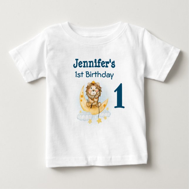 Camiseta Para Bebê Leão-de-primeiro aniversario-Cute a pescar na lua (Frente)