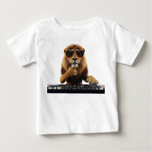 Camiseta Para Bebê Leão DJ Legal com Óculos de Sol Misturando Música