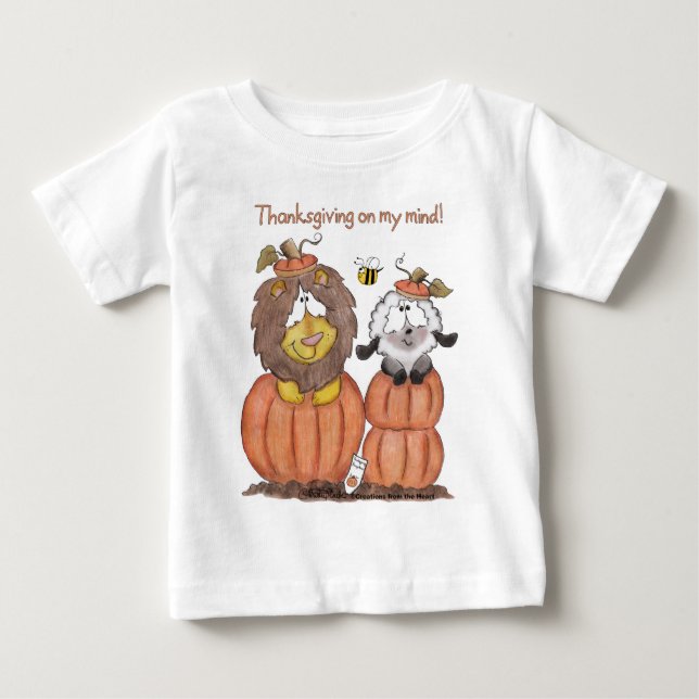 Camiseta Para Bebê Leão e Lamb em Pumpkins (Frente)