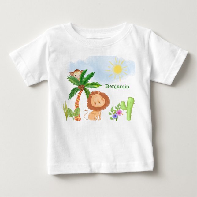 Camiseta Para Bebê Leão e Macaco em Cena Fofa da Selva (Frente)
