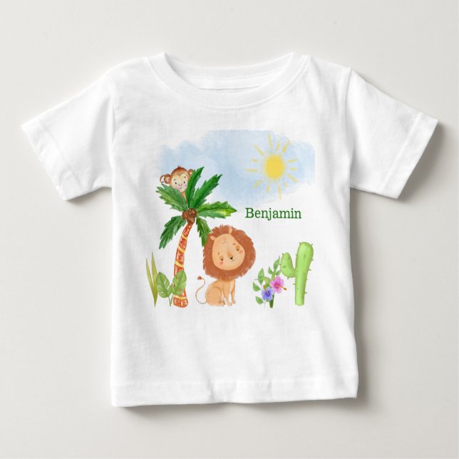 Camiseta Para Bebê Leão e Macaco na Cena da Selva Justa (Frente)
