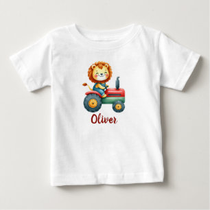 Camiseta Para Bebê Leão Farmer Gelado em um Trator Vermelho e Verde