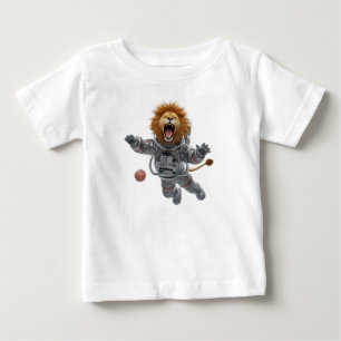 Camiseta Para Bebê Leão Rugindo Astronauta Flutuando em Traje Espacia