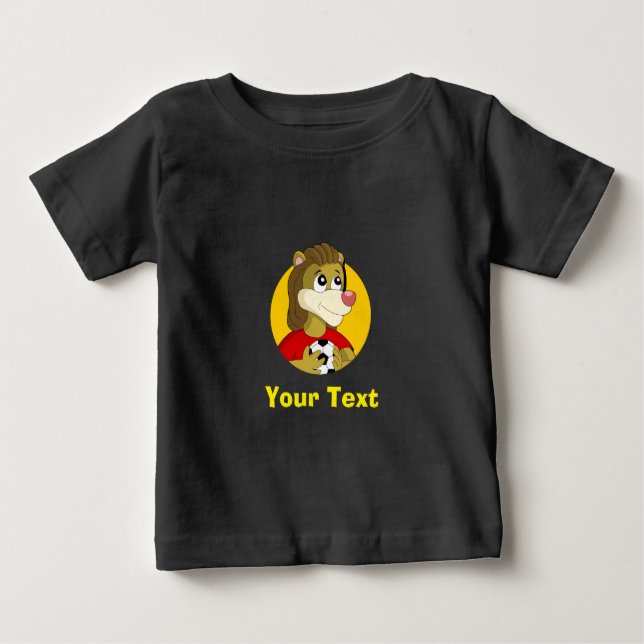 Camiseta Para Bebê Leão segurando um desenho animado de bola de futeb (Frente)