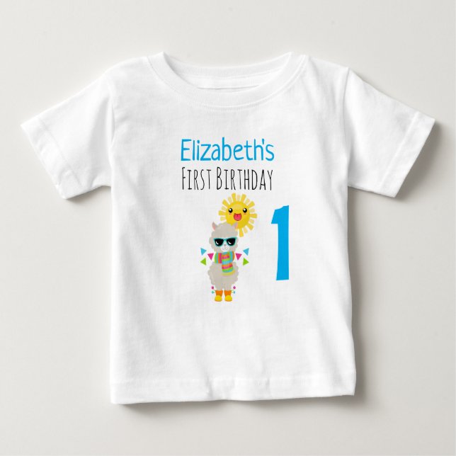 Camiseta Para Bebê Legal Llama e primeiro aniversario Kawaii Sun sorr (Frente)