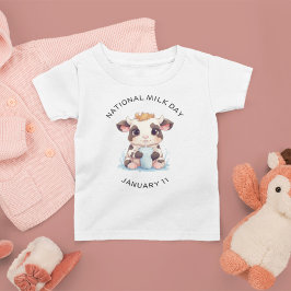 Camiseta Para Bebê Leite de Bebendo de Vaca de Kawaii, preto-e-branco
