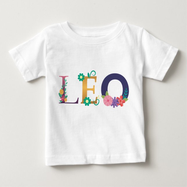 Camiseta Para Bebê LÉO Nome Arte Com Flores Bordadas (Frente)