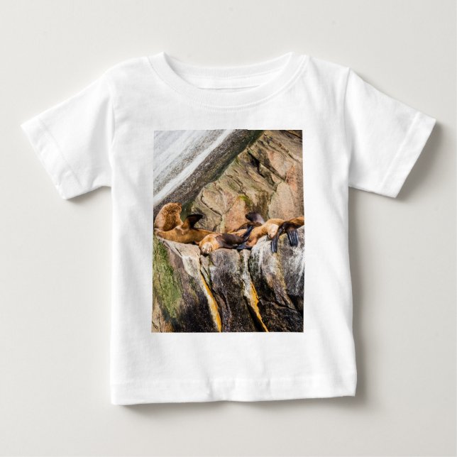 Camiseta Para Bebê Leões Do Mar Deitados Nas Rochas (Frente)