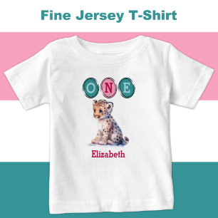 Camiseta Para Bebê Leopard 1º Aniversário um com nome rosa verde