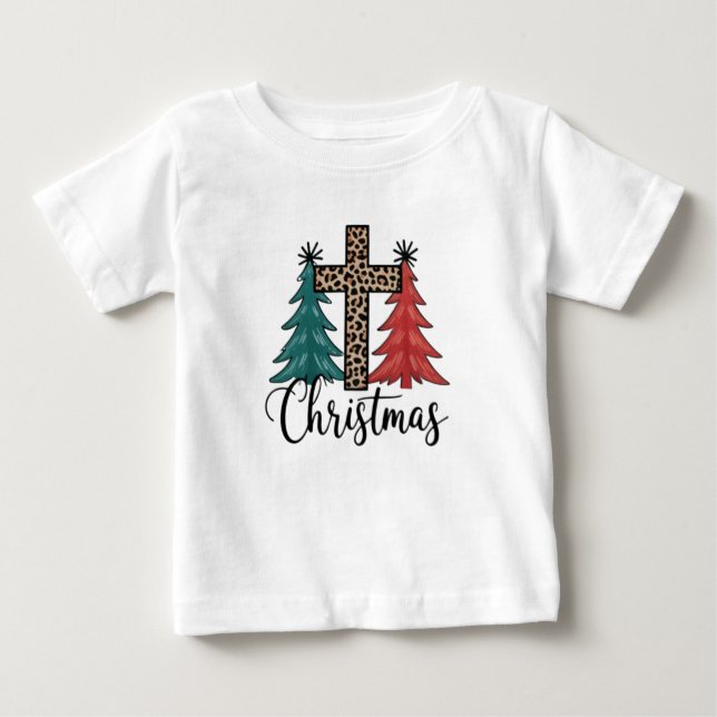 Camiseta Para Bebê Leopard Cross Christmas Trees Christian (Frente)