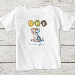 Camiseta Para Bebê Leopardo 1º Aniversário um com nome azul