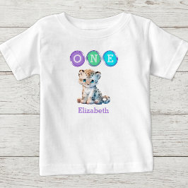 Camiseta Para Bebê Leopardo 1º Aniversário um com nome roxo