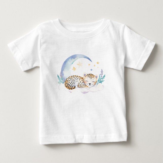 Camiseta Para Bebê Leopardo bebê bonito na lua - (Frente)