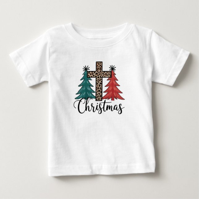Camiseta Para Bebê Leopardo Cruz Árvores de Natal Cristão  (Frente)