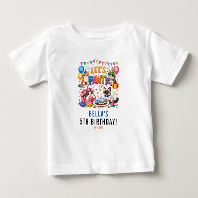Camiseta Para Bebê Let’s Pawty Cat 5th Birthday | Cute Kitty Birthday (Frente)