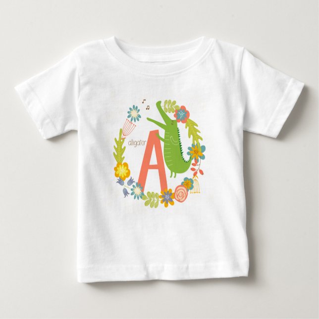 Camiseta Para Bebê Letra A Alligador da Série Alfabética Animal (Frente)