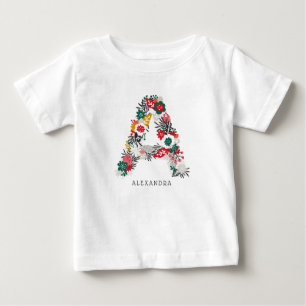 Camiseta Para Bebê Letra A   Monograma de Letra Floral Caprichosa I
