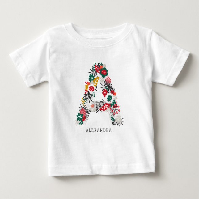 Camiseta Para Bebê Letra A | Monograma de Letra Floral Caprichosa I (Frente)