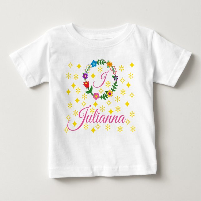 Camiseta Para Bebê Letra J, Julianna, Chá, Flores e Estrelas (Frente)