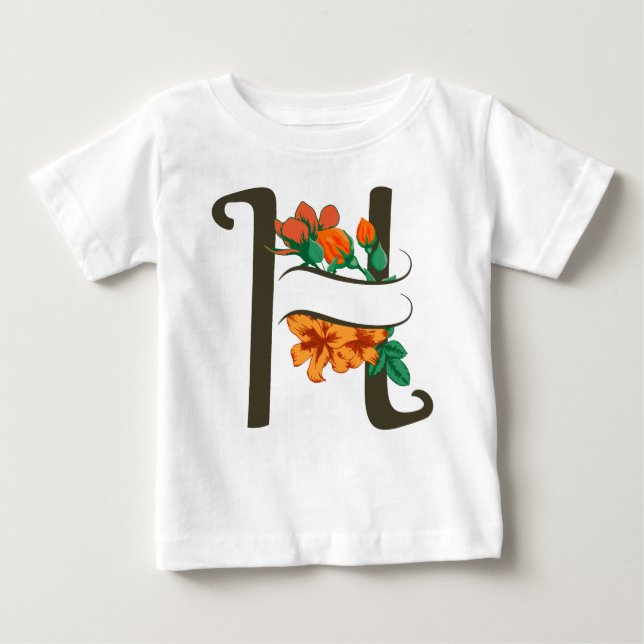Camiseta Para Bebê Letra maiúscula H monograma floral (Frente)