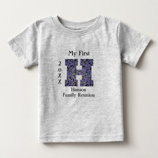 Camiseta Para Bebê Letra Mosaica de Reunião Familiar H Sobrenome Mono (Frente)