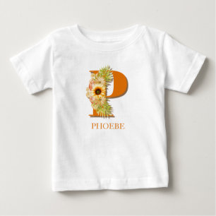 Camiseta Para Bebê Letra P Monograma Floral de Girassol com Nome