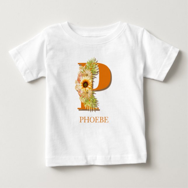 Camiseta Para Bebê Letra P Monograma Floral de Girassol com Nome (Frente)