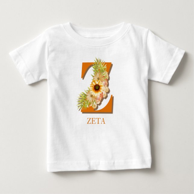 Camiseta Para Bebê Letra Z Monograma Floral de Girassol com Nome (Frente)