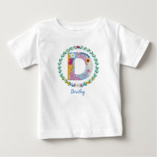 Camiseta Para Bebê Letras de Flor "D" Inicial com Nome Personalizado
