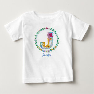 Camiseta Para Bebê Letras de Flor "J" Inicial com Nome Personalizado