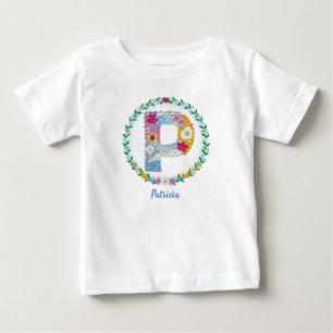 Camiseta Para Bebê Letras de Flor "P" Inicial com Nome Personalizado