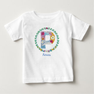 Camiseta Para Bebê Letras de Flor "P" Inicial com Nome Personalizado