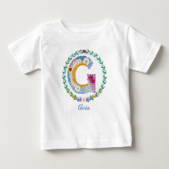Camiseta Para Bebê Letras Flores "G" Inicial com Nome Personalizado (Frente)