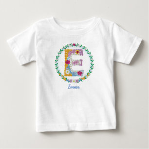 Camiseta Para Bebê Letras Flores Iniciais "E" com Nome Personalizado